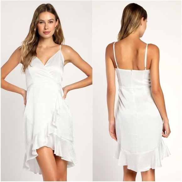 LULU’S Loving The Night White Textured Satin Faux Wrap Mini Dress - Picture 1 of 3